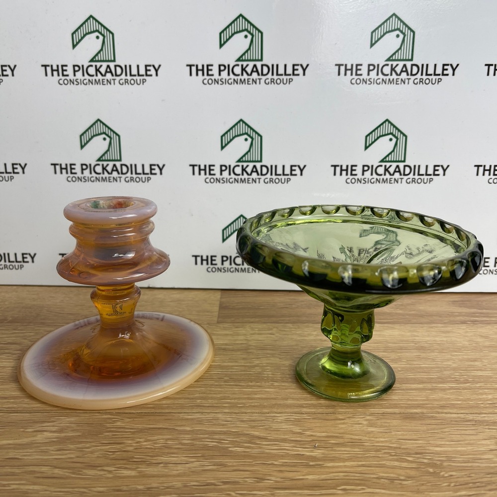 Vintage Amber Opalescent Candlestick and Green Thumbprint Glass Compote Set